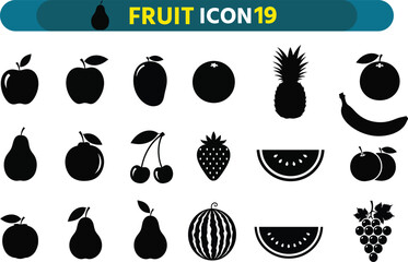 Collection of black fruit icons in silhouette on a white background representing healthy food and nutrition