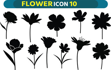 Collection of ten diverse black flower silhouettes on a white background with a colorful banner at the top