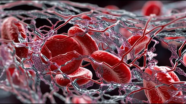 Vascular damage artery medicine. Inflammation disease. Cholesterol. Plaque medicine. Ischemia. 3D illustration of blood cells within a vascular structure.
