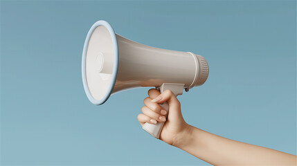Hand holding megaphone against blue background, symbol of communication, announcement, and marketing concept.