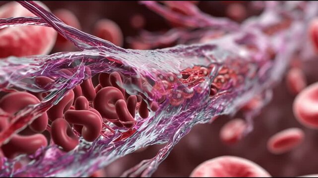 Vascular damage artery medicine. Inflammation disease. Cholesterol. Plaque medicine. Ischemia. Detailed illustration of blood vessels with artery structure and cells.