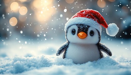 Penguin plush toy with Santa hat on snowcovered table, cinematic festive light