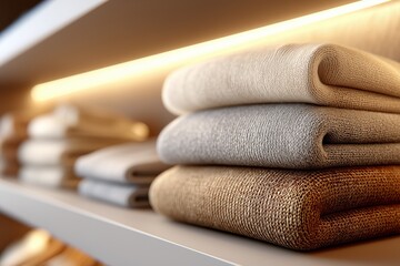 Neatly folded textiles in soft neutral tones are stacked on a modern shelf illuminated by warm light, creating an inviting atmosphere for home decor enthusiasts