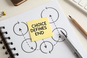 A conceptual diagram showing choice defines end on a yellow sticky note