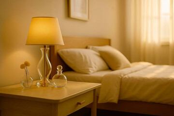 Realistic Cozy Bedroom Interior with Transparent Decor Elements and Natural Lighting
