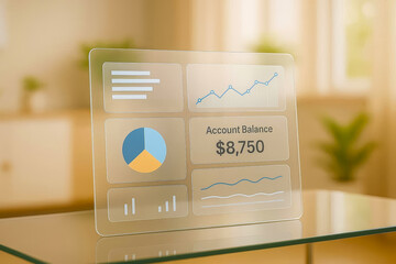  Transparent Glass Financial Dashboard with Blurred Office Background
