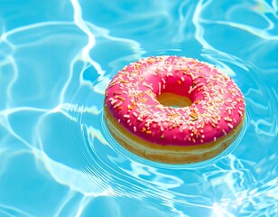 Pink iced donut with sprinkles floating on vibrant blue water