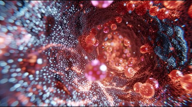Vascular damage artery medicine. Inflammation disease. Cholesterol. Plaque medicine. Ischemia. Abstract representation of blood cells within a vessel.