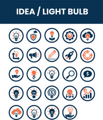 Idea and Light Bulb Icon Set – 25 Creative Innovation and Brainstorming Vector Symbols