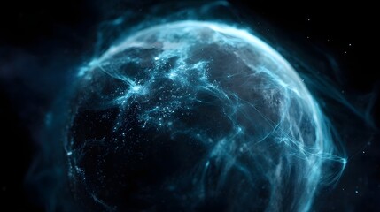 Abstract depiction of a glowing digital globe interconnected by intricate blue lines representing global network and data flow