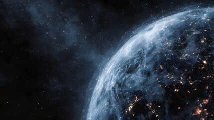 A digital representation of planet Earth from space overlaid with a glowing network of connections illustrating global connectivity and data flow