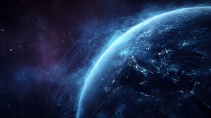 A glowing digital globe in space intricately connected by a luminous network symbolizing global data transmission and connectivity