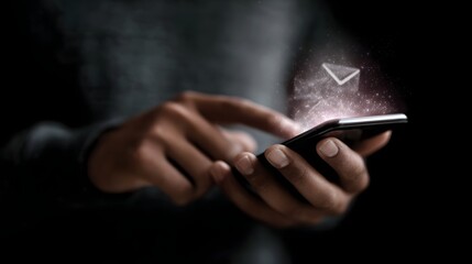 Close up of hands using a smartphone with a glowing holographic email notification
