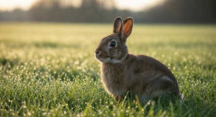 Wild rabbit standing in a dewy field at sunrise
