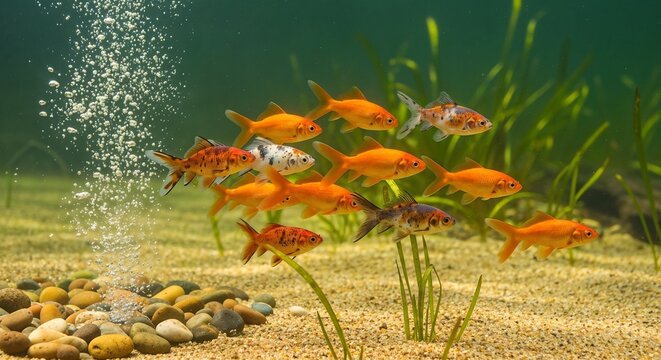 School of goldfish swimming in a bubbling aquarium