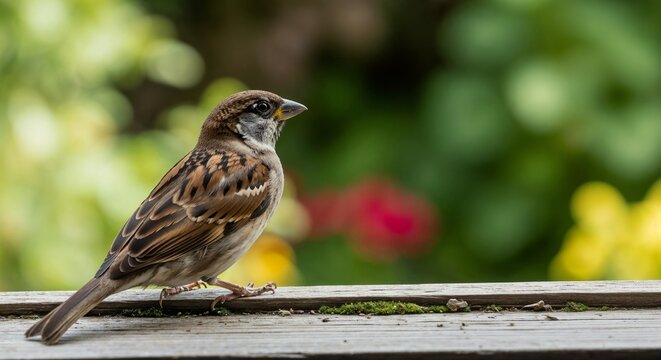 A small brown sparrow perched on a wooden surface outdoors - Powered by Adobe
