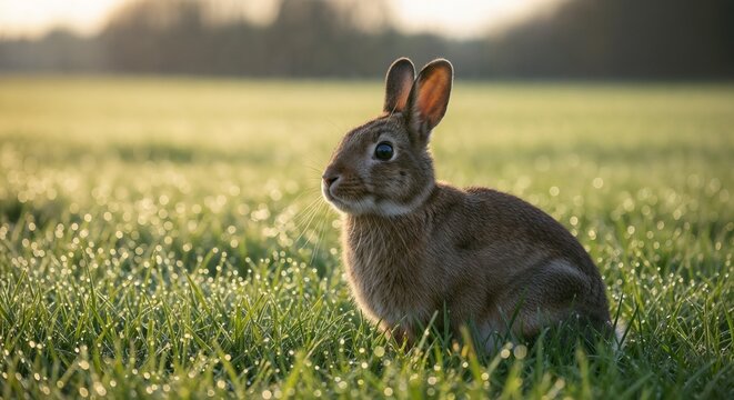 Wild rabbit standing in a dewy field at sunrise