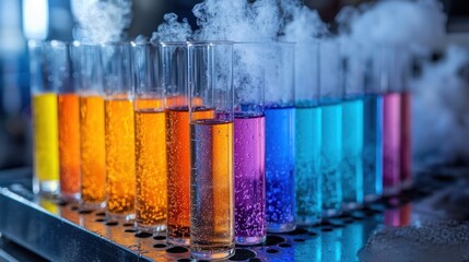 Colorful chemical reactions in test tubes