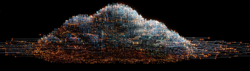 Abstract representation of cloud computing and data visualization, showcasing vibrant colors and intricate patterns