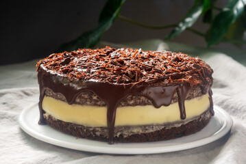 homemade chocolate carrot cake on white ceramic plate