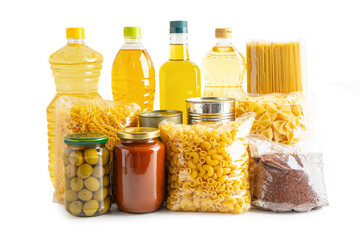Foodstuff for donation isolated on white background with clipping path, storage and delivery. Various food, pasta, cooking oil and canned food in cardboard box.