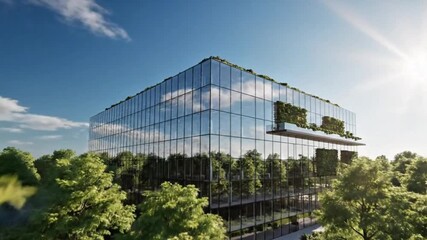 Modern eco glass office building with green rooftop gardens and sustainable architecture surrounded by trees under bright sunlight
