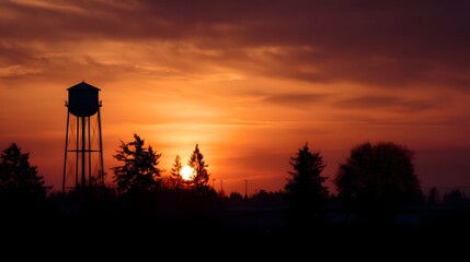 Fototapeta premium Dramatic sunset over a rural landscape with a silhouetted industrial water tower and trees