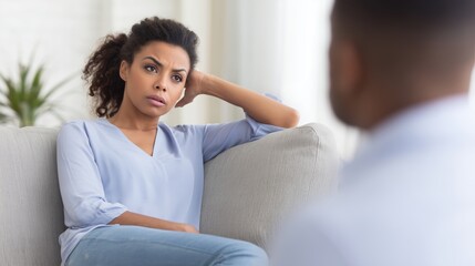 African American woman sitting on a couch, looking thoughtfully at a man across from her, engaged in a serious conversation about emotions and relationships in a cozy living room setting