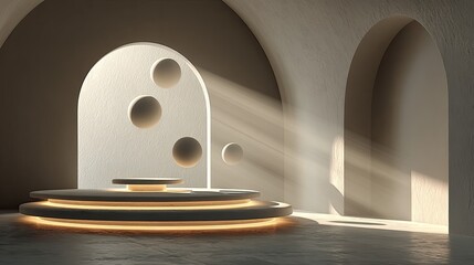 Minimalist interior scene features a tiered platform illuminated by dramatic sunbeams entering through an arched opening