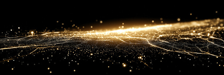 Golden luminous particles form flowing network waves with interconnected sparkling nodes.