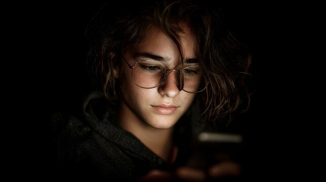 A young person wearing glasses is absorbed in their smartphone illuminated by the screen s glow in a dark room