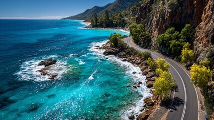 Scenic coastal highway winds alongside intensely blue ocean waters next to rugged cliffs