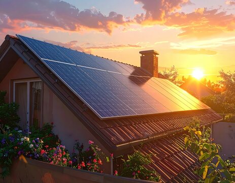 House roof with solar panels bathed in sunset light, colorful sky