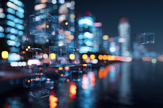 Floating transparent cubes against a blurred city skyline at night, showcasing data visualization - Powered by Adobe