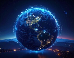 Illuminated globe with network connections overlaid on a city landscape