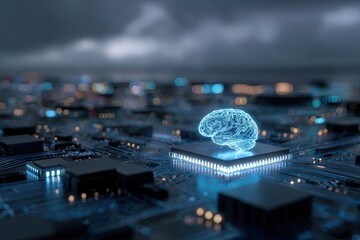 A stylized, glowing brain atop a circuit board, symbolizing artificial intelligence