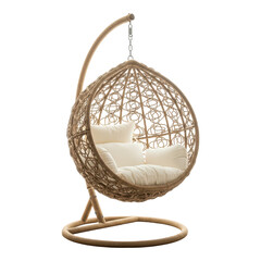 Hanging rattan chair with soft cushions isolated on transparent background