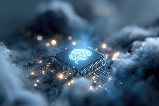 A glowing microchip with a brain icon is set amidst ethereal clouds, symbolizing intelligence