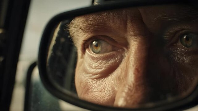Close-up of a man's eye reflected in a car's side-view mirror.