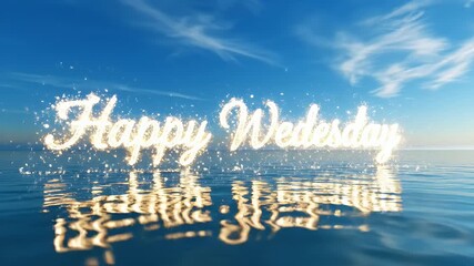 A serene Wednesday scene with sparkling text above water. Reflective surface mirroring the text