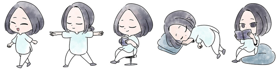 いろいろなことをしてリラックスする女性の水彩イラスト