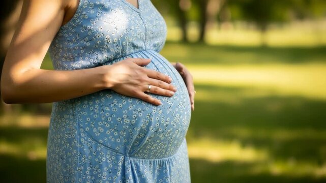 Closeup of a pregnant woman in a blue dress holding her baby bump