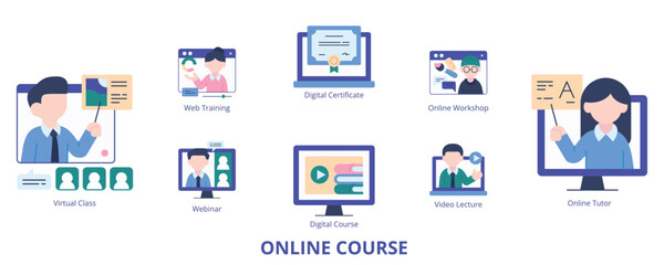 Online Course Flat Banner Web Icon Set Vector Illustration