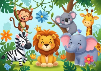 Naklejka premium Cute jungle animals playing together in a lush green forest scene cheerful wildlife cartoon