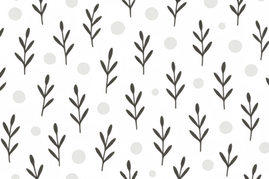 Seamless botanical pattern with abstract leaves and polka dots minimalist design on transparent background