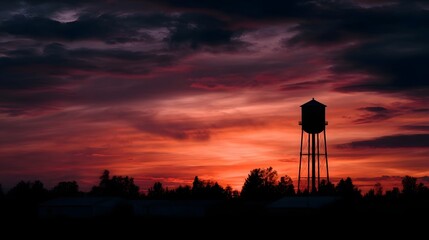 A dramatic sunset casts a fiery glow behind a silhouetted industrial water tower and trees