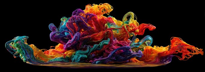 Vibrant, colorful abstract.  A dynamic, swirling mass of rainbow hues on a dark background.  Intricate, flowing forms create a visually compelling display of color and movement