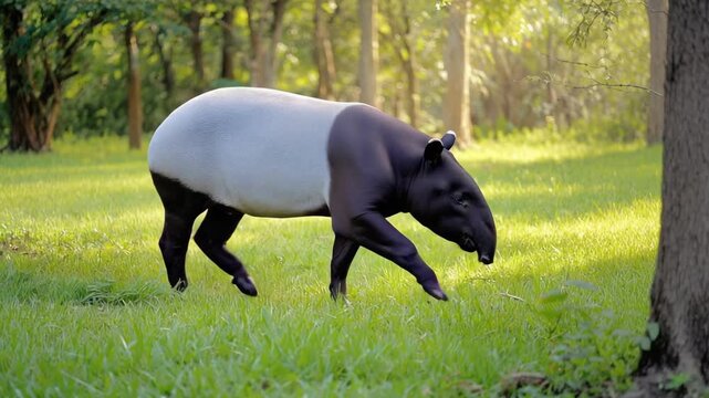 Tapirs Tapirus walk through forest area, feed