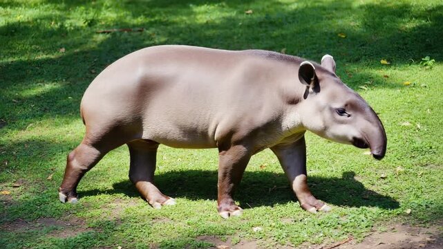 Tapirs Tapirus walk through forest area, feed