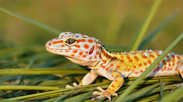Leopard gecko (Eublepharis macularius) lizard on green grass